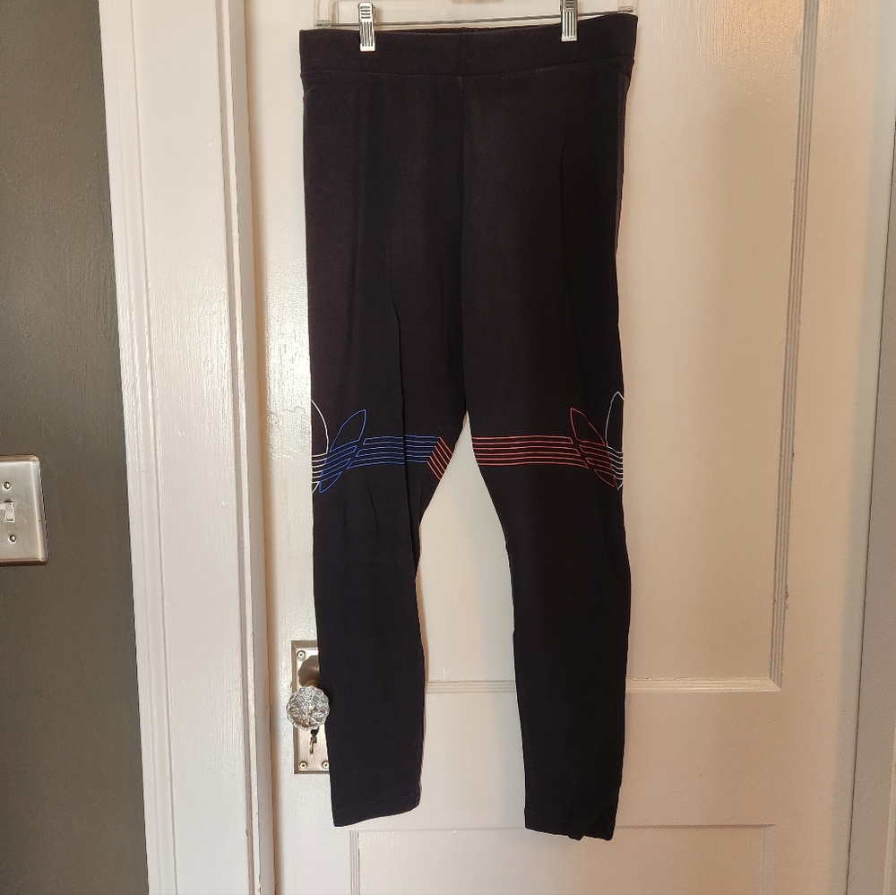 Adidas Women's Size Large Black Leggings with Red & Blue Stripe Detail